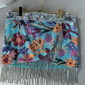 Jaded London Sequin Floral Mini Skirt - Turquoise and Multicolor